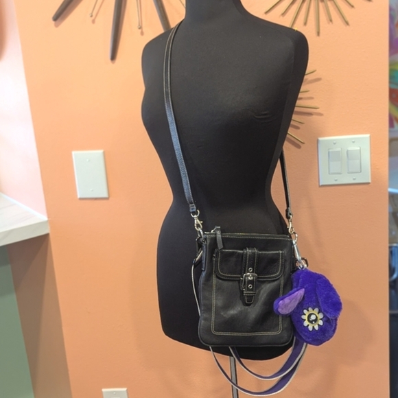 Coach Handbags - Coach Crossbody Black Leather Bag With Purple Strap Y2K Mini Flap Handbag